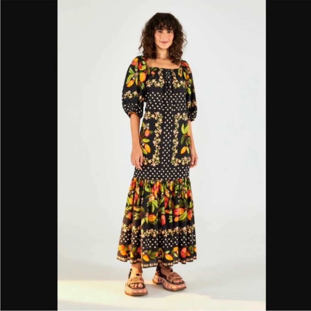 FARM Rio Orange and Black Puff Sleeve Sundress